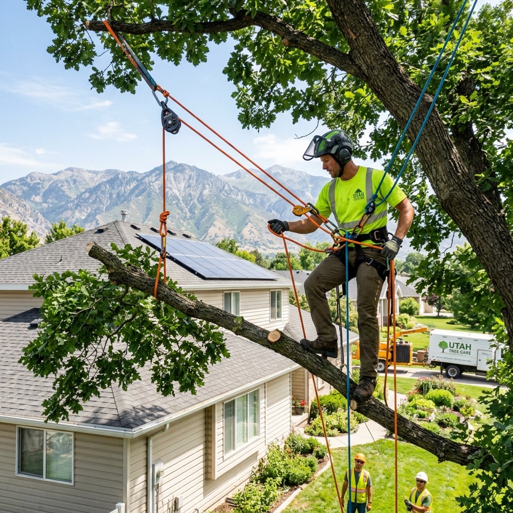 Certified arborist using climbing harness and rigging gear to lower tree limbs safely near a house in Provo, Utah