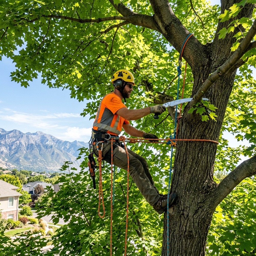 Certified arborist trimming branches safely in a sunlit maple tree canopy in Provo, Utah
