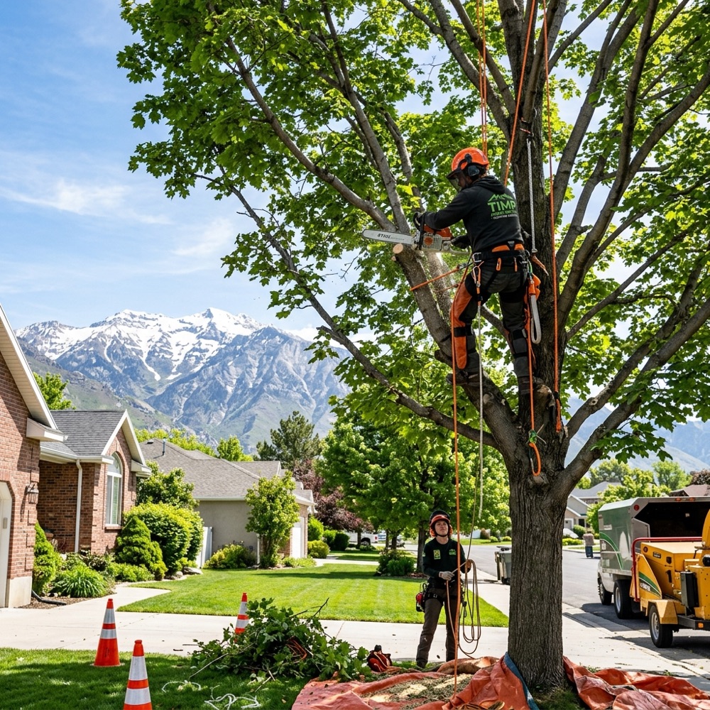 Arborist team pruning tree branches with Mount Timpanogos foothills in the background in Orem, Utah