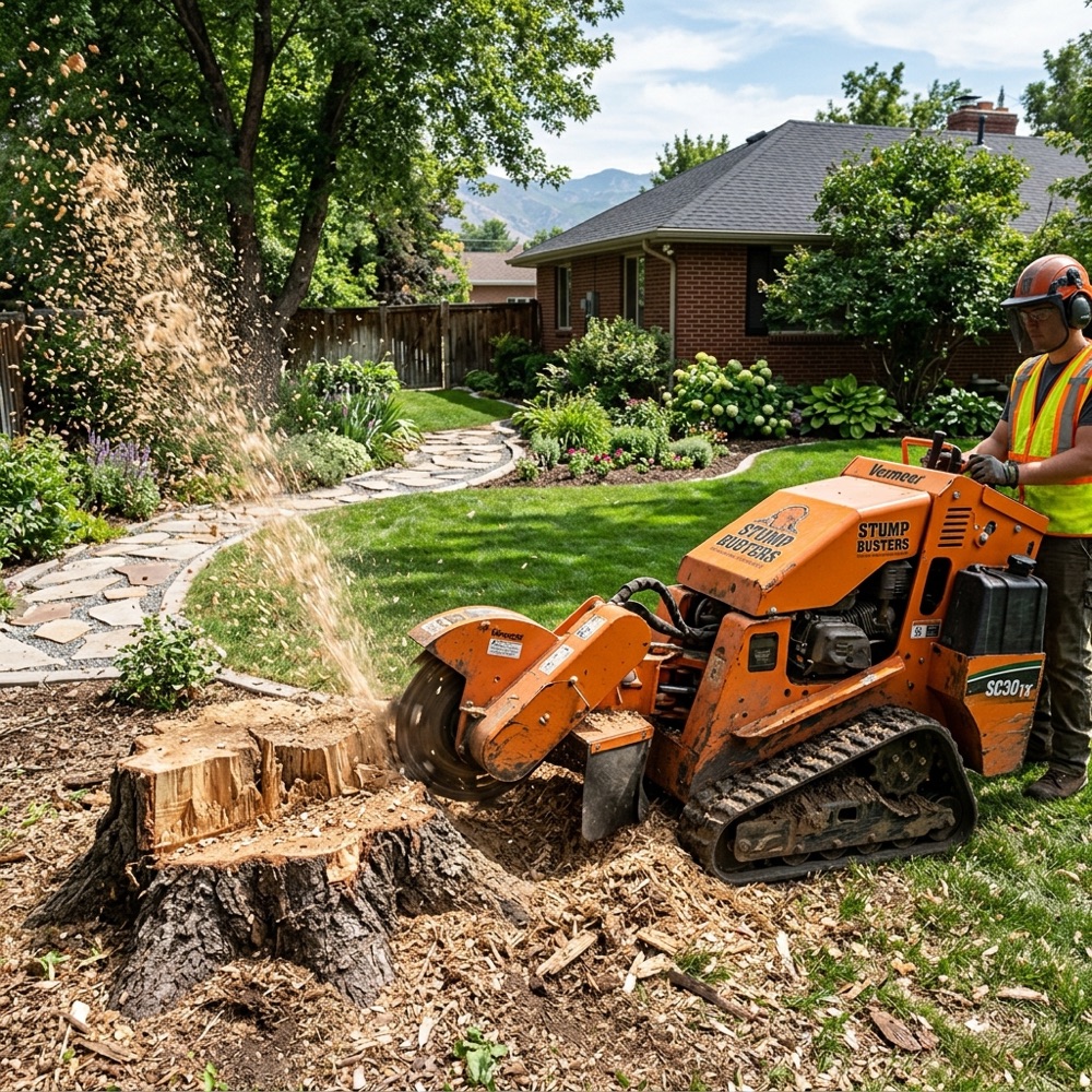 Tracked stump grinder machine pulverizing a tree stump into mulch in a yard in Provo